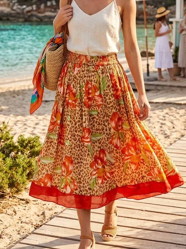 Vintage 100% Silk Derek Green Orange Floral Leopard Print Flowy Boho Midi Skirt
